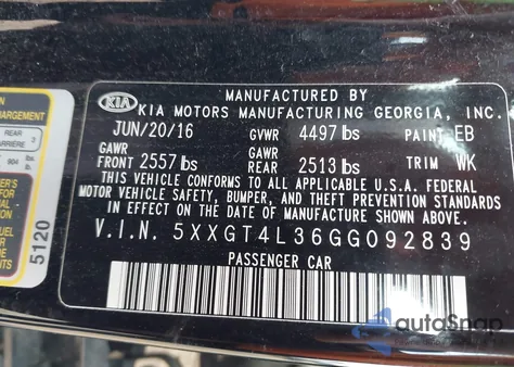 2016 Kia Optima Lx from USA, damaged, VIN 5XXGT4L36GG092839